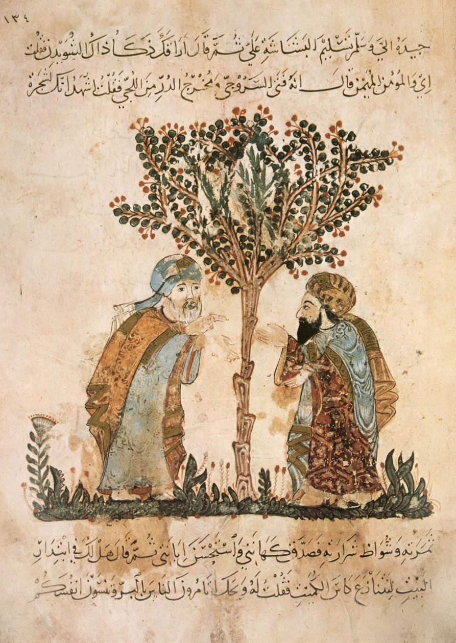 Abou Zayd spricht mit Al-Harith, aus Al Maqamat von Al Hariri, ca. 1240 von Yahya ibn Mahmud Al Wasiti