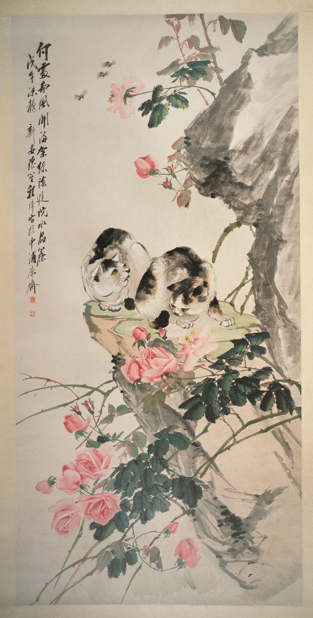 Katzen auf einem Felsen mit Rosen von Zhang Cheng