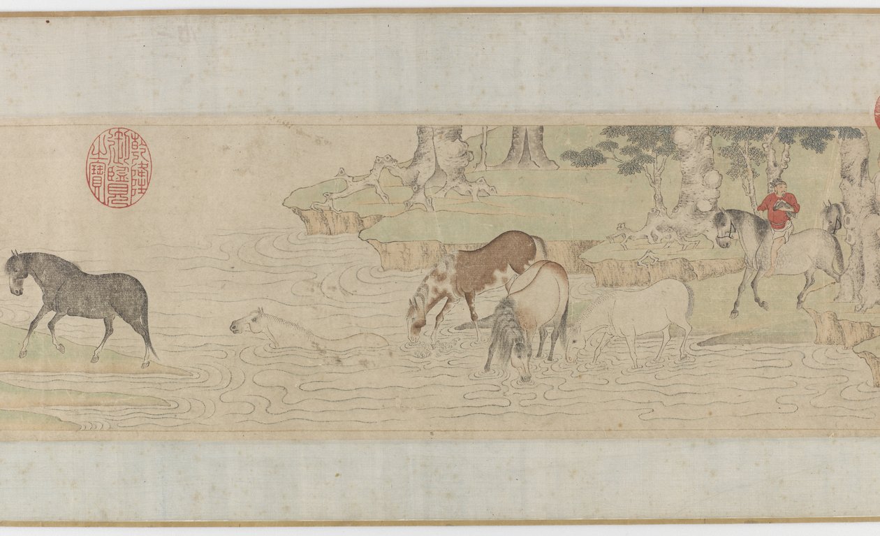 Pferde und Stallknechte überqueren einen Fluss, Yuan- oder frühe Ming-Dynastie von Zhao Mengfu Chao Meng Fu or