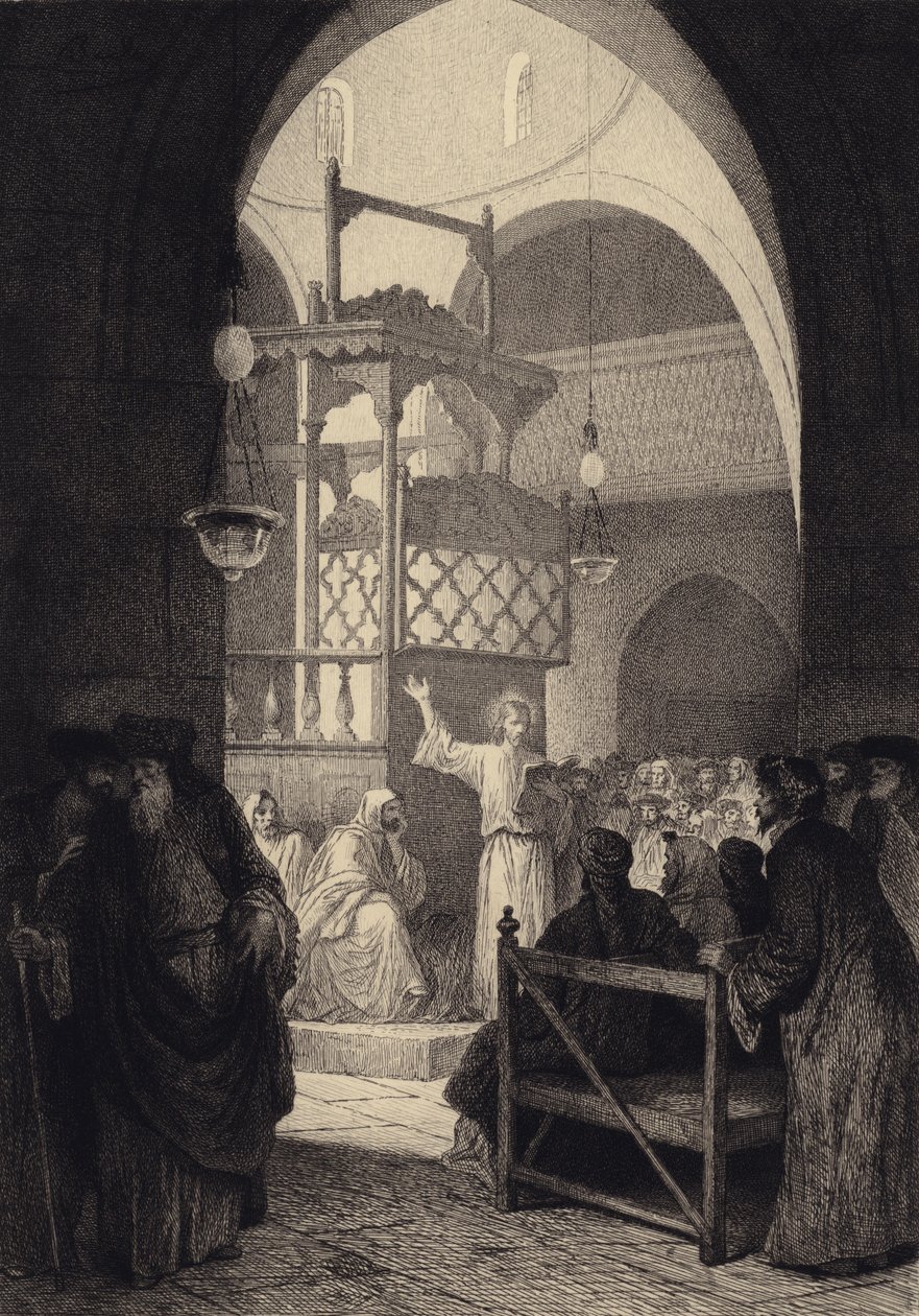 Jesus in der Synagoge von after Albert Robida