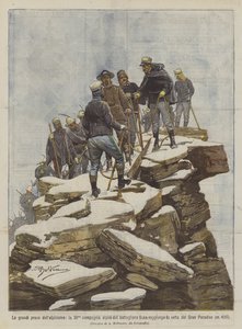 Die großen Leistungen des Alpinismus, die 36. Kompanie der Alpini des Bataillons Susa erreicht den Gipfel