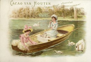 Frauen im Ruderboot, trinken Schokolade