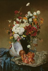 Stillleben mit Blumen und Granatäpfeln