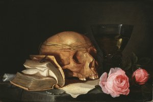 Ein Vanitas-Stillleben mit einem Schädel, einem Buch und Rosen, ca. 1630