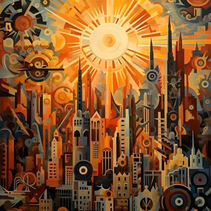 Zahnräder und Werkzeuge abstrakter Sonnenaufgang 1950er 1