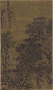 Landschaft mit Tempel und Reisenden