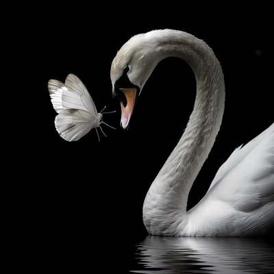 Ein schöner Schwan und ein weißer Schmetterling auf schwarzem Hintergrund von F. Abderrahim