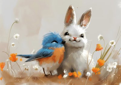 Niedlicher Vogel und Kaninchen Manga-Zeichnung von F. Abderrahim