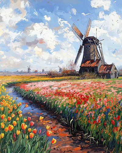 Ein mittelalterliches Steinwindmühle in einem blumigen Sumpf am Wasser von F. Abderrahim