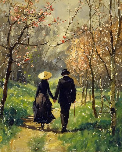 Ein Mann und eine schöne Frau in Liebe gehen inmitten eines Waldes von F. Abderrahim