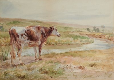 Landschaft mit Fluss und Kuh von A Brown