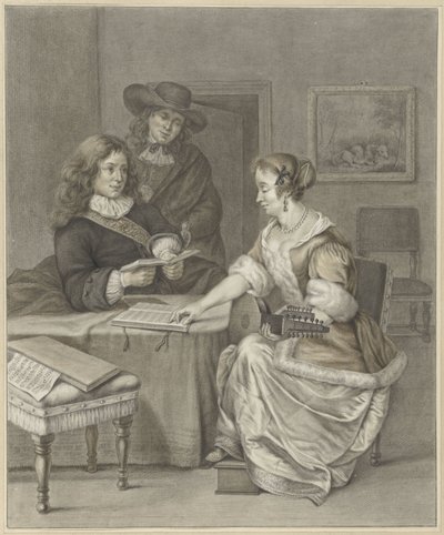 Musizierendes Paar, ein Mann schaut zu von Abraham Delfos
