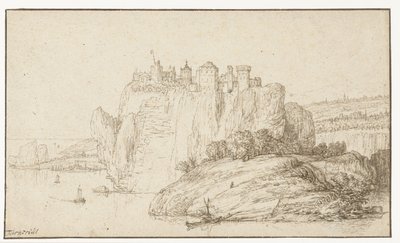 Burg auf einem Felsen in einer Flusslandschaft von Abraham Furnerius