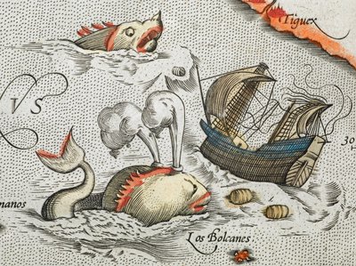 (Detail) Seemonster greifen ein Schiff an von Abraham Ortelius