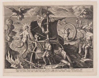 Magellan sitzt an Deck, aus Americae Retectio von Adriaen Collaert