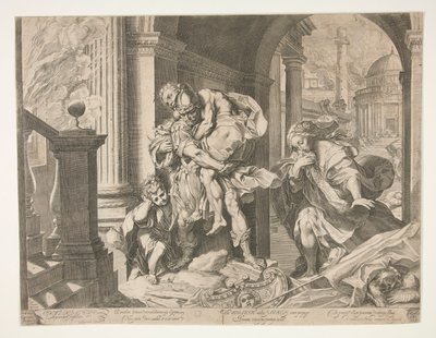 Aeneas und seine Familie fliehen aus Troja von Agostino Carracci