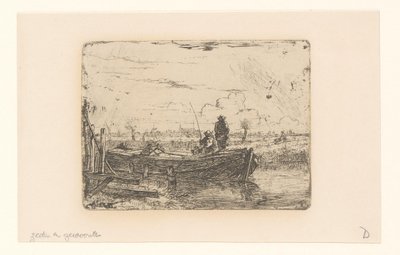 Polderlandschaft mit zwei Männern auf einem Boot von Albertus Brondgeest