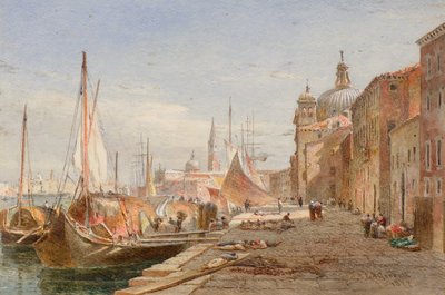 Lastkähne an einem Kai in Venedig von Alfred Edward Goodall