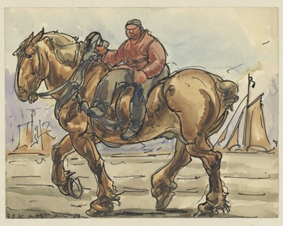 Mann im Damensitz auf einem Zugpferd von Alfred Ost