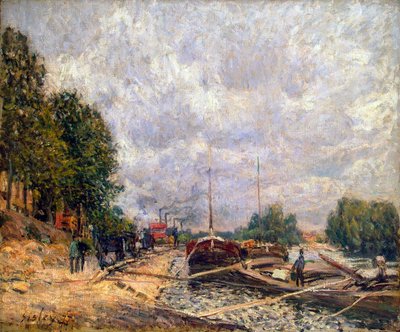 Lastkähne in Billancourt, 1877 von Alfred Sisley