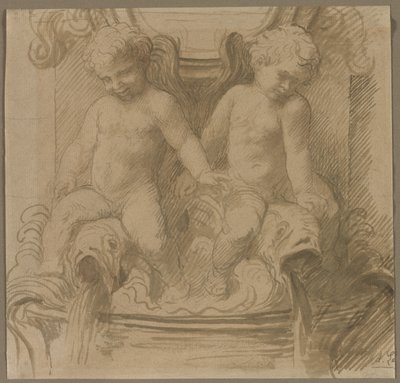 Brunnen mit Putti, die auf Delfinen reiten von Alphonse Legros