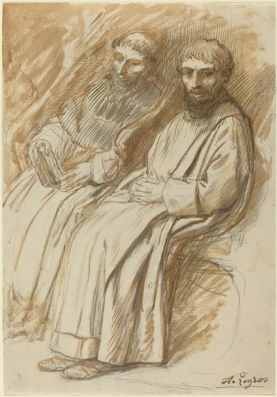 Zwei Mönche, die in einer Kirche sitzen von Alphonse Legros