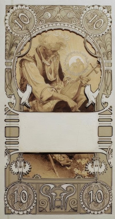 Briefmarkenentwurf in zwei Teilen von Alphonse Mucha