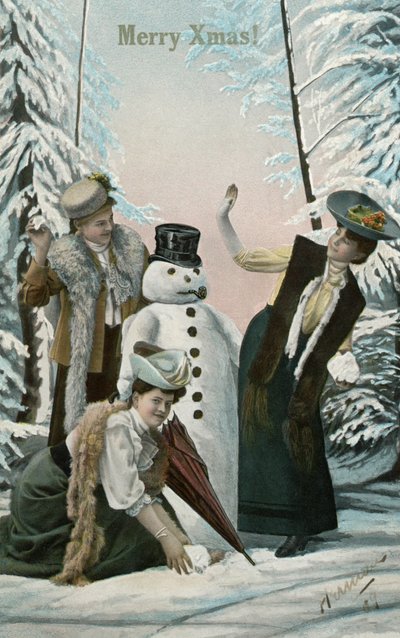 Viktorianische Frauen spielen mit einem Schneemann von American School