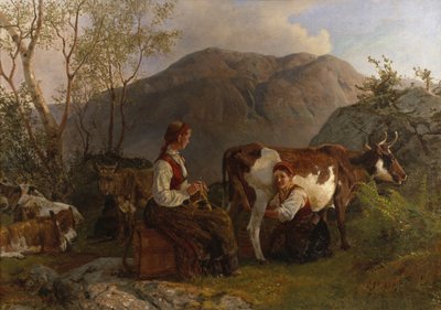Melkerinnen mit Kühen von Anders Askevold