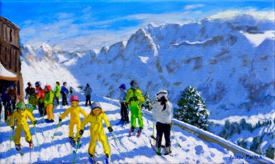 Junge Skifahrer in Gelb, Val Gardena Italien. 12x20 von Andrew Macara