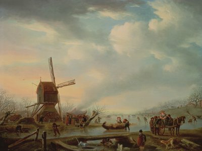 Weitläufige Winterlandschaft mit Schlittschuhläufern von Andries Vermeulen