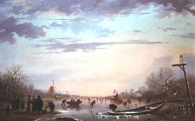 Schlittenszene auf einem zugefrorenen Fluss von Andries Vermeulen