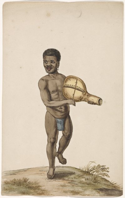 Afrikanischer musizierender Mann mit Kalebasseninstrument von Anonymous