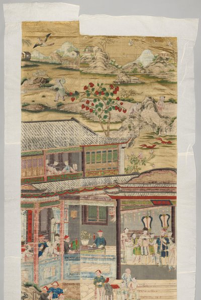 Fragment einer Wandbespannung mit bemalten chinesischen Genreszenen von Anonymous