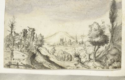 Hügelige Landschaft mit Jäger und Ruine von Anonymous