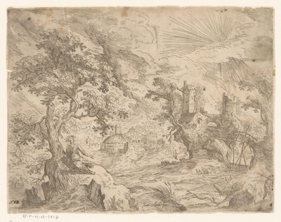 Landschaft mit Fluss und Bauwerk auf Felsen von Anonymous