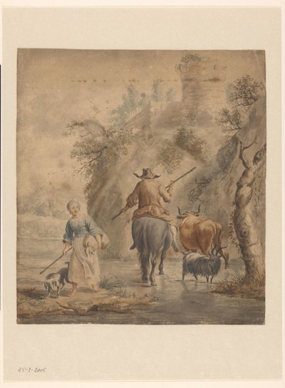 Flusslandschaft mit einem Reiter, Frau und Vieh von Anonymous