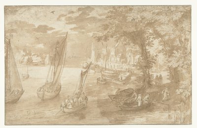 Flusslandschaft mit Anlegestelle rechts von Anonymous