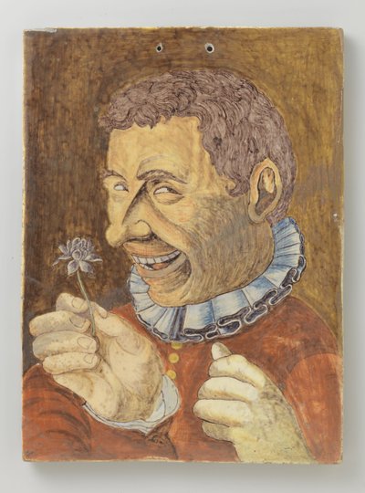 Platte aus Fayence mit Mann mit Blume von Anonymous