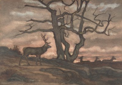Hirsch und Baum gegen Sonnenuntergang, 1810-75 von Antoine Louis Barye