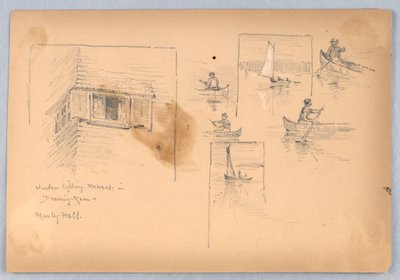 Skizze von Menschen beim Kanufahren und Fenster von Arnold William Brunner