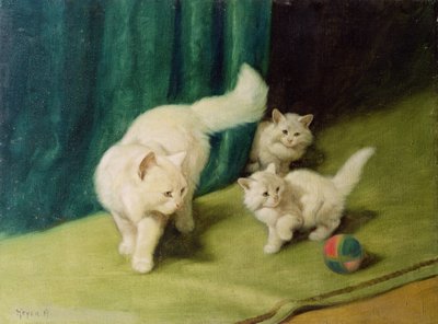 Weiße Perserkatze mit zwei Kätzchen von Arthur Heyer