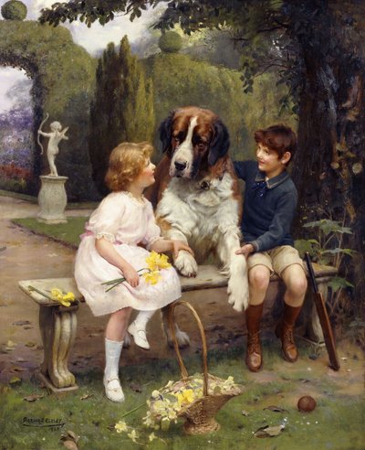 Kinder mit einem Bernhardiner von Arthur John Elsley