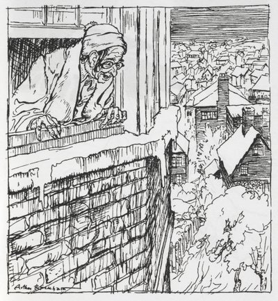 Ein Mann schaut aus einem Fenster von Arthur Rackham