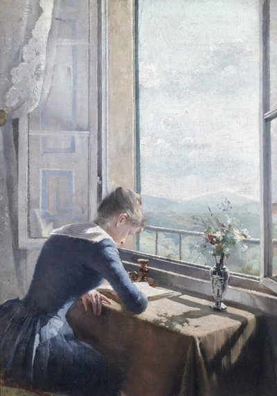 Frau liest an einem offenen Fenster von Asta Nørregaard