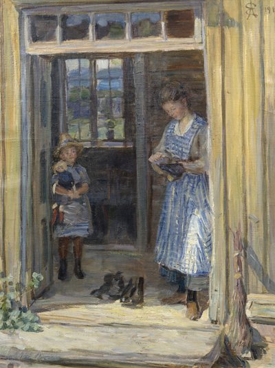 Frau und Mädchen in der Tür von August Eiebakke