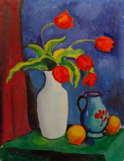 Rote Tulpen in weißer Vase von August Macke