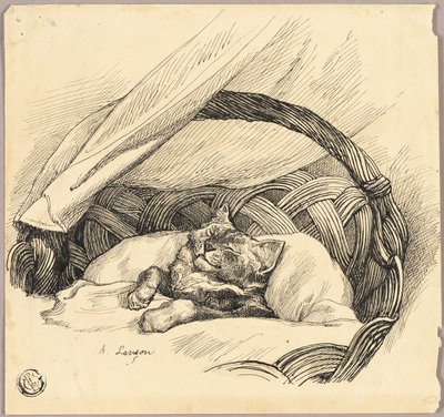 Schlafende Katze im Korb von Auguste Andre Lancon