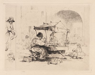 [Händler in seinem Stand mit spielenden Kindern] von Auguste Brouet