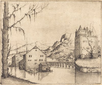 Flusslandschaft mit zwei Gebäuden von Augustin Hirschvogel